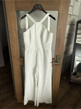 Women’s White Strappy Wide-Leg Jumpsuit (satin tuxedo detail on top)